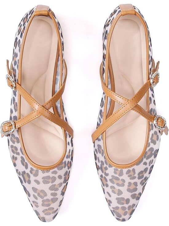 Shoes - Women's Brown Leopard Mesh Flats Cross Ankle Strap Flat Slip On Comfortable